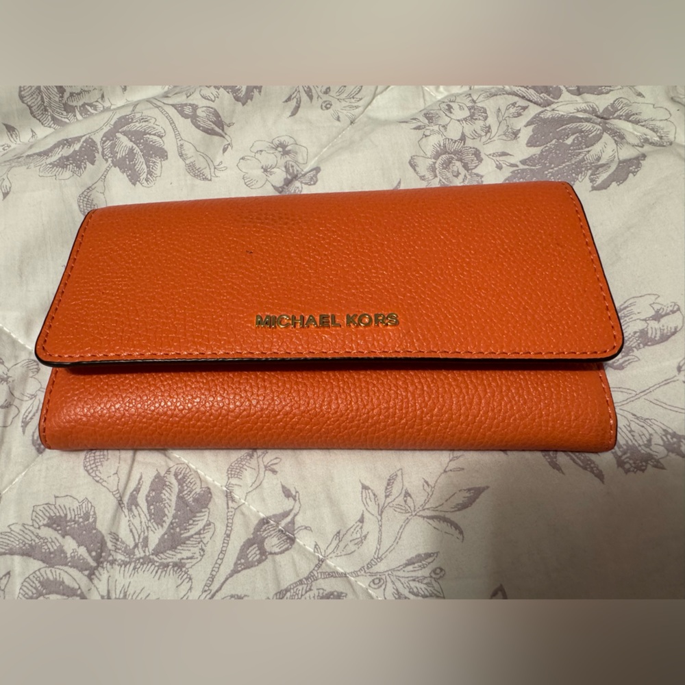 Michael Kors Orange Pebbled Leather Wallet | Trifold